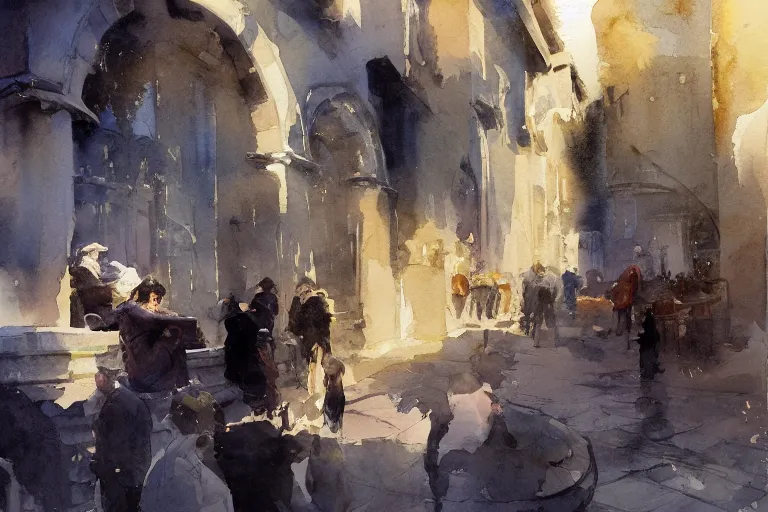 Prompt: small centered on watercolor paper, paint brush strokes, abstract watercolor painting of ancient roman arcs in bright daylight, cinematic light, national romanticism by hans dahl, by jesper ejsing, by anders zorn, by greg rutkowski, by greg manchess, by tyler edlin