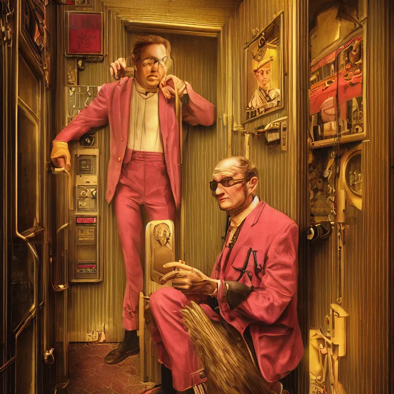 Image similar to professional octane render portrait by wayne barlow and carlo crivelli and glenn fabry, a sinister man in a bright colorful saturated wes anderson elevator operator costume inside a dark and moody vintage elevator in a high - end exotic vintage boutique hotel, very short depth of field