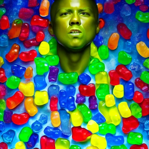 Image similar to a realistic human head sculpture made out of tons of gummy bears on the surface of the ocean, giant sculpture, in the style of chad knight, long shot, hyper detailed, hyper realistic, ray tracing, 8 k resolution, sharp focus, realistic water, award winning