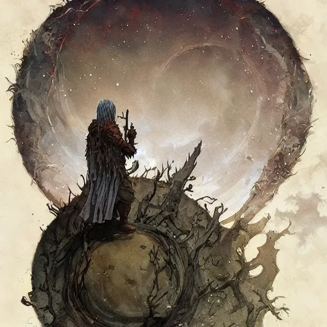 Image similar to a druid standing in a circle at the beginning of the world by greg rutkowski and frank frazetta and peter mohrbacher and william blake and dan mumford