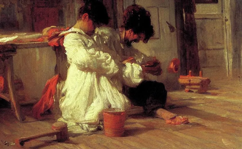 Prompt: high quality high detail painting by ilya repin, carpenter working, hd