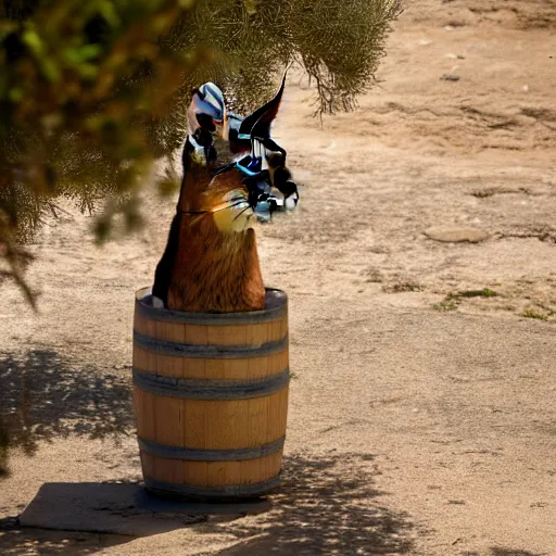 Image similar to a cinematic film still of a claymation stop motion film starring cute caracal, big wooden barrel, ancient greek city, marble temple columns, olive trees, shallow depth of field, 8 0 mm, f 1. 8