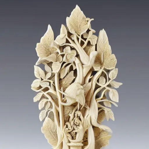 Prompt: a intricate ivory carving sculpture with birds and lemons and jungle leaves, ornate, complex, highly detailed, fine detail