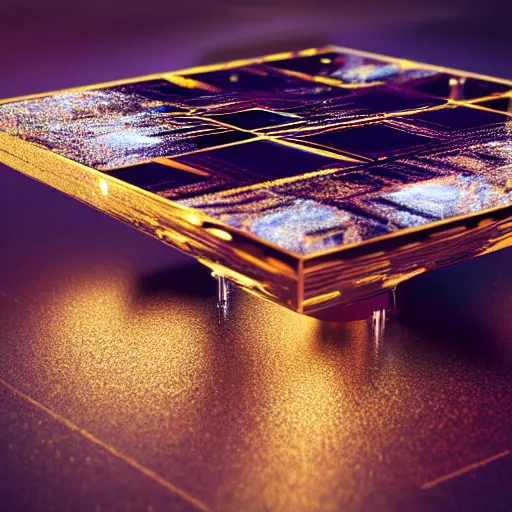 Prompt: tilt shift huge light intricate reflection diffraction gold obsidian preraffaellite photography cut, octane, artstation render 8 k neon on a table