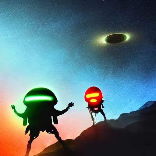 Image similar to Two aliens engaged in battle on a mountaintop, in front of a giant sunset with two suns, cool neon colors, cell shaded