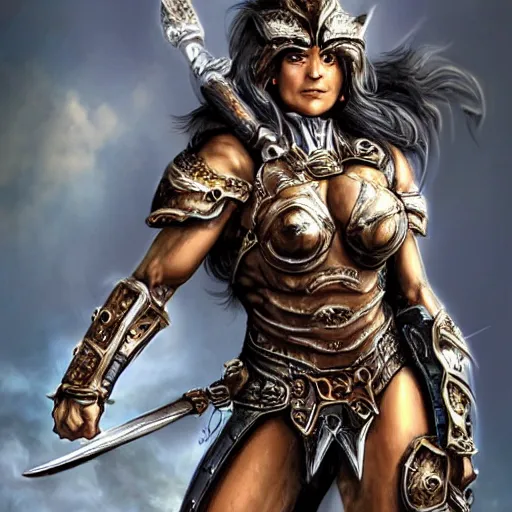Prompt: a muscular fantasy warrior woman wearing armour