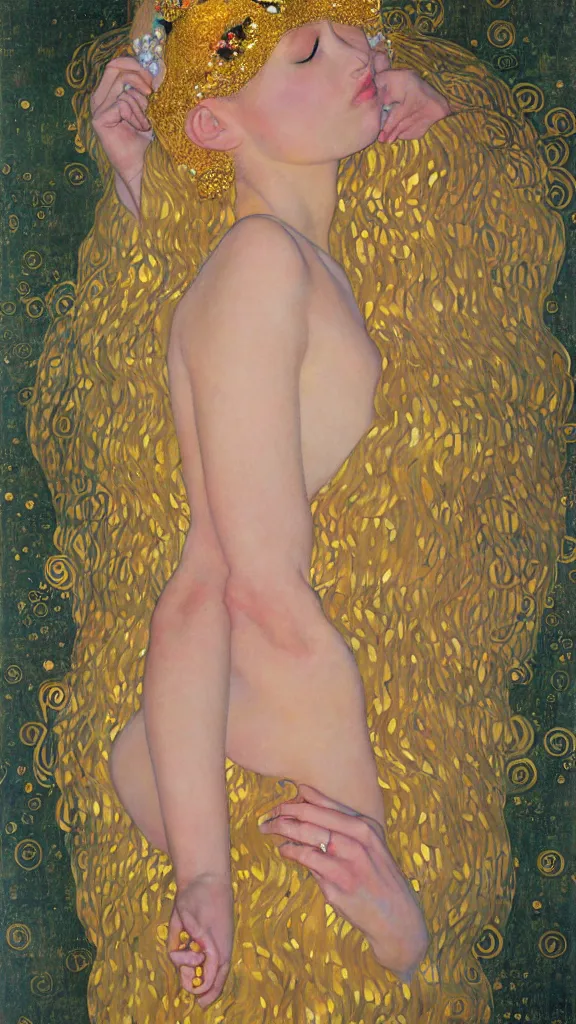 Image similar to a soft and breathtaking detailed painting of a full body sleeping blonde princess in the style of Gustav Klimt, blonde hair, shiny gold, elegant, highly detailed, artstation, fluo colors, concept art, matte, sharp focus, art by Gustav Klimt