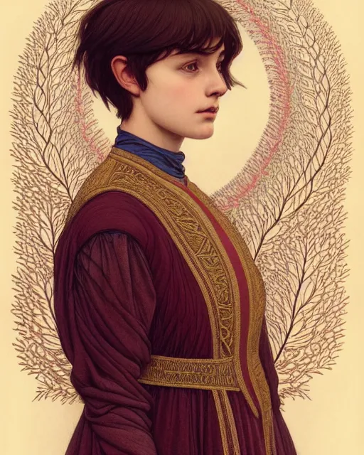 Image similar to symmetry portrait of welsh brunette student in mans tunic, embroidery, tomboy, short hair, intricate forest background, intricate, elegant, highly detailed, digital painting, artstation, concept art, smooth, sharp focus, illustration, art by artgerm and greg rutkowski and fra angelico and alphons mucha