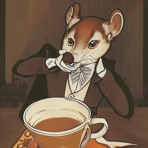 Image similar to a weasel in a suit was drinking tea, surrounded by tea houses ambient lighting, 4 k, russ mill, rossdraws, alphonse mucha, jung gi kim, artstation