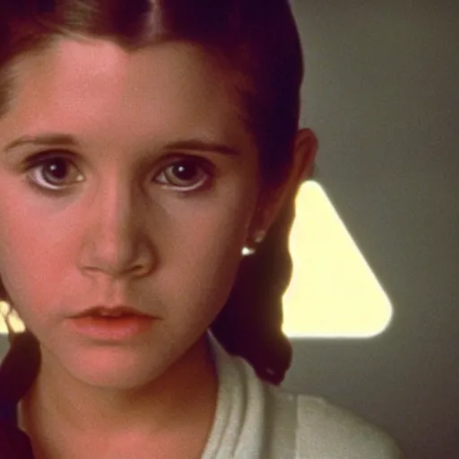 Image similar to film still of carrie fisher as a kid in new star wars movie, dramatic lighting, highly detailed face, kodak film, wide angle shot,