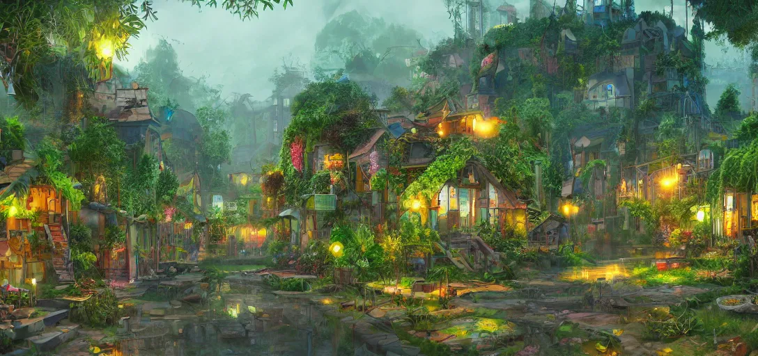 Image similar to Look of a solarpunk village, full daylight, morning, cartoon moody scene, digital art, 8k, colorful details of lush nature covering the streets