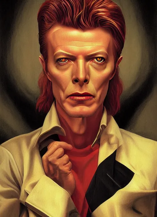 Prompt: twin peaks poster art, portrait of david bowie will he find the way out, by michael whelan, rossetti bouguereau, artgerm, retro, nostalgic, old fashioned