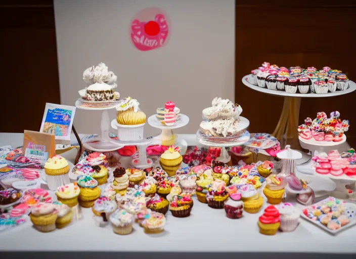 Image similar to a table with a white map full of sweets and cupcakes. highly detailed 8 k. intricate. nikon d 8 5 0 3 0 0 mm. award winning photography.