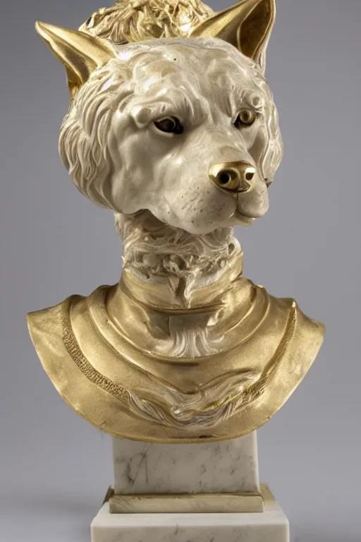 Image similar to a white marble bust of a wolf with gold filigree