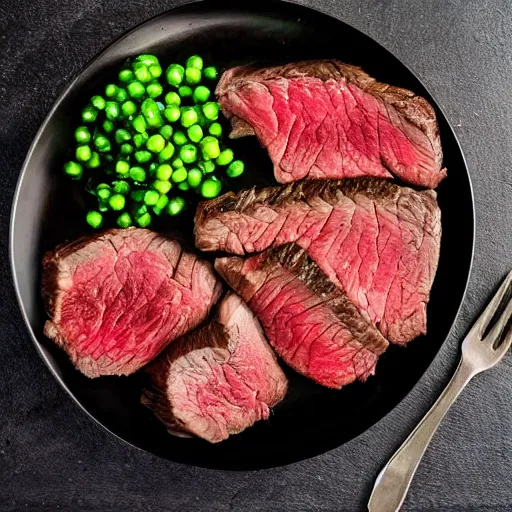 Prompt: a bowl of steak on a table 3 / 4 th view