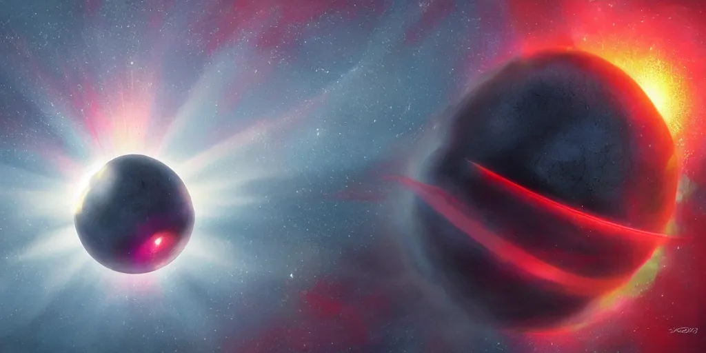 Image similar to dark star giant kirby swallowing a red dwarf star, trending on artstation, digital art, fog, sun flare, rain