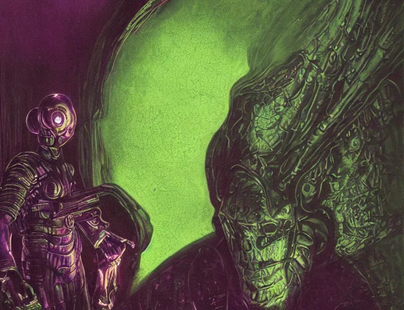 Image similar to a close - up view portrait of a silhouetted supernatural wizard in brutalist halls with metallic alien technology. close - up view, detailed textures. glowing green purple fog, dark black background. highly detailed fantasy science fiction painting by moebius, norman rockwell, frank frazetta, and syd mead. rich colors, high contrast