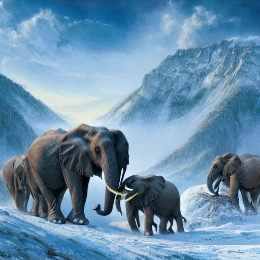 Image similar to ghost elephants in the Alps, Darrell K Sweet, artstation, concept art, digital art