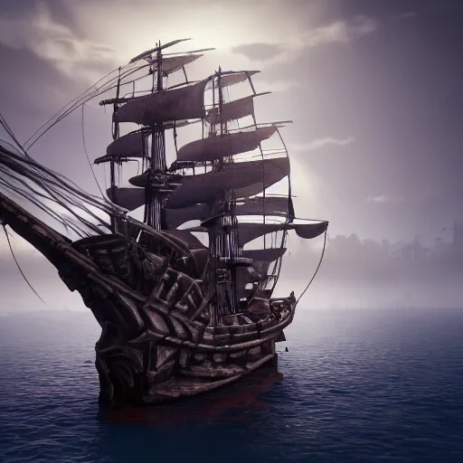 Prompt: ghost pirate ship with a pirate on the foreground, highly detailed, photorealistic portrait, bright studio setting, studio lighting, crisp quality and light reflections, unreal engine 5 quality render