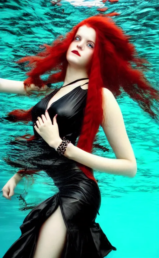 Image similar to portrait of a girl with long red hair in a black dress, under water, very beautiful style, girl wrapped in leather salwar bag black, photorealism jared french, george tucker