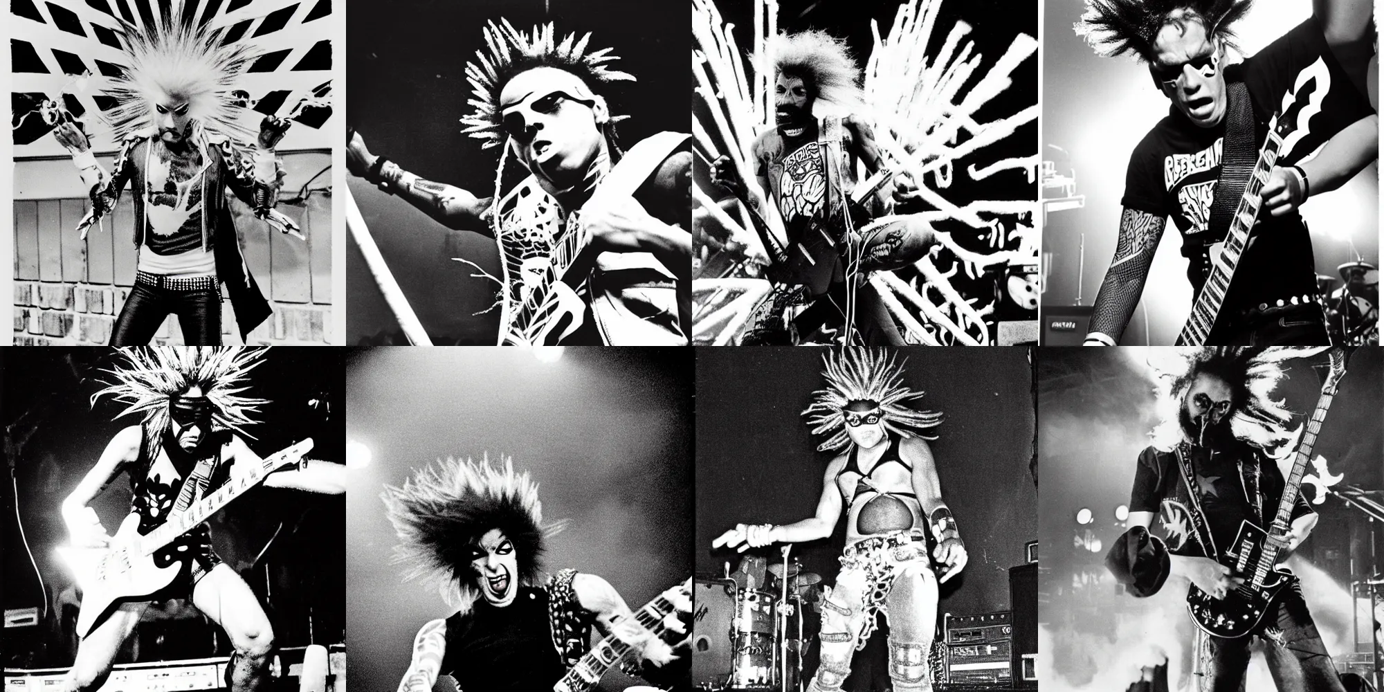 Prompt: a punk rock superhero with a flaming mohawk on stage at CBGBs during a Bad Brains show in ultra-realistic photograph for Maximum RockNRoll Magazine, 1984