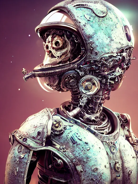 Prompt: portrait art of 8k ultra realistic undead eldritch horror corrupted retro futuristic female astronaut , smashed glass helmet , detailed intricate ornate armour,decaying, cybernetic, full of colour, cinematic lighting, battered, trending on artstation, 4k, hyperrealistic, focused, extreme details,unreal engine 5, cinematic, masterpiece, art by ayami kojima, giger