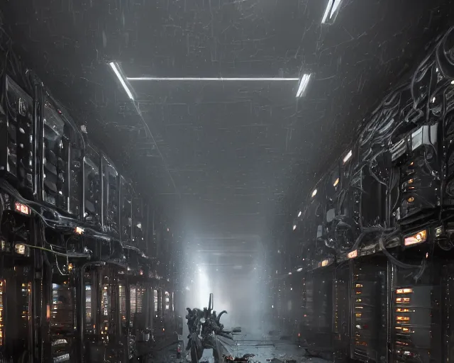 Image similar to gloomy colossal ruined server room in datacenter robot figure automata headless drone robot knight welder posing pacing fixing soldering mono sharp focus, emitting diodes, smoke, artillery, sparks, racks, system unit, motherboard, by pascal blanche rutkowski artstation hyperrealism cinematic dramatic painting concept art of detailed character design matte painting, 4 k resolution blade runner