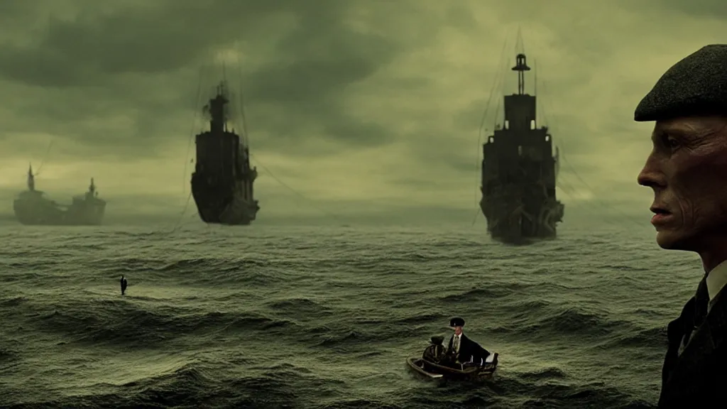 Image similar to photo of the Peaky Blinders coming out of the ocean, extreme detailed face, spaceship far on the background, film still from the movie directed by Denis Villeneuve with art direction by Zdzisław Beksiński, wide lens
