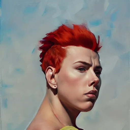 Image similar to greg manchess portrait of thick muscular weightlifter zarya from overwatch with ponytail and red hair played by scarlett johansson, medium shot, asymmetrical, profile picture, organic painting, sunny day, matte painting, bold shapes, hard edges, street art, trending on artstation, by huang guangjian and gil elvgren and sachin teng