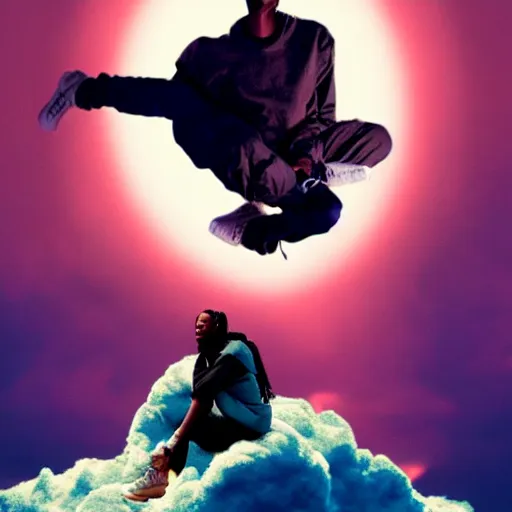 Image similar to Travis Scott sitting on a cloud over Earth, 4k, Aubrey Powell, vintage photo, beautiful cinematography, surreal, film grain