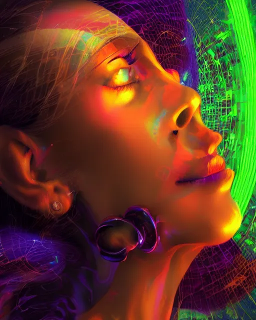 Image similar to a powerful energy psychedelic woman, by alexander fedosav, hyper detailed digital matte painting, concept art, hyperrealism, 1 6 k resolution, cinema 4 d, 8 k resolution, trending on artstation, behance hd, a masterpiece, by stephan martiniere, particles, cel - shaded, power bright neon energy, by david a. hardy,