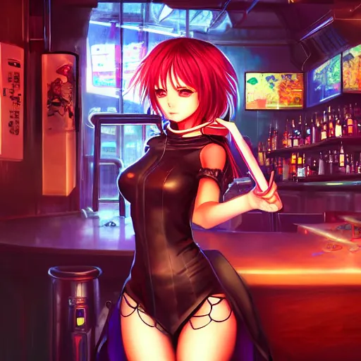 Prompt: Cute Anime Girl in a cyberpunk city bar, fully clothed, beautiful face, fantasy, medieval, vivid colors, elegant, concept art, sharp focus, digital art, Hyper-realistic, 4K, Unreal Engine, Highly Detailed, HD, Dramatic Lighting by Brom, trending on Artstation