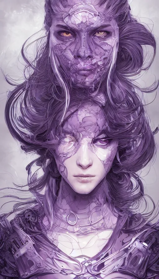 Prompt: close facial portrait of a pale woman in power armor with flowing purple hair, elegant, stoic, intense, ultrafine hyperdetailed illustration by kim jung gi, irakli nadar, intricate linework, sharp focus, bright colors, octopath traveler, final fantasy, hearthstone, highly rendered, global illumination, radiant light, detailed, intricate environment