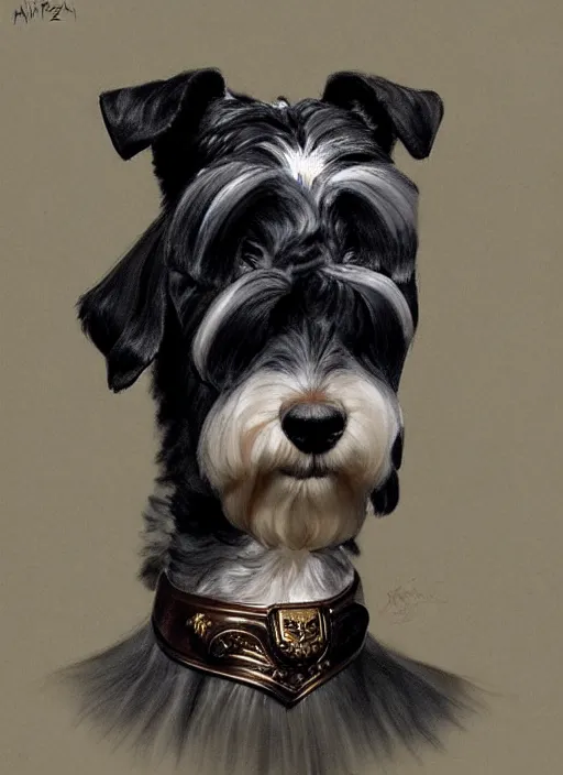 Image similar to portrait of stoic looking miniature schnauzer, military uniform, black fir, white eyebrows, fantasy, intricate, elegant, highly detailed, centered, dark, smokey, digital painting, artstation, concept art, smooth, sharp focus, illustration, art by artgerm and greg rutkowski and alphonse mucha