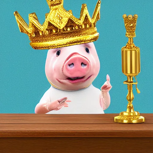 Prompt: pig wearing a gold crown depicted as a sock puppet 8k