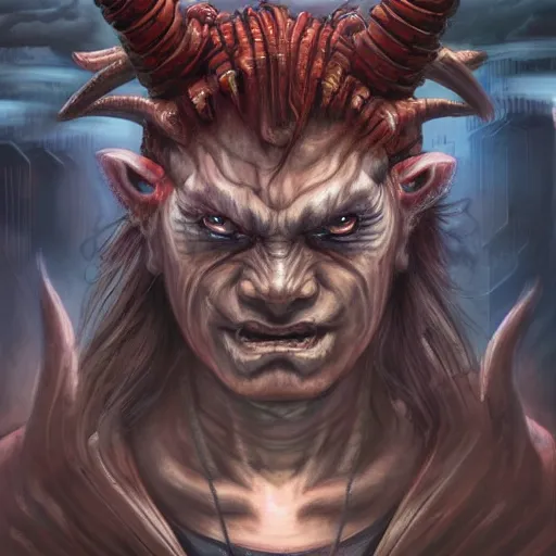 Image similar to portrait, cyberpunk japanese oni demon with horns, stern expression, long hair, highly detailed, digital painting, artstation, concept art, smooth, sharp focus, illustration, artgerm, tomasz alen kopera, peter mohrbacher, donato giancola, joseph christian leyendecker, wlop, frank frazetta