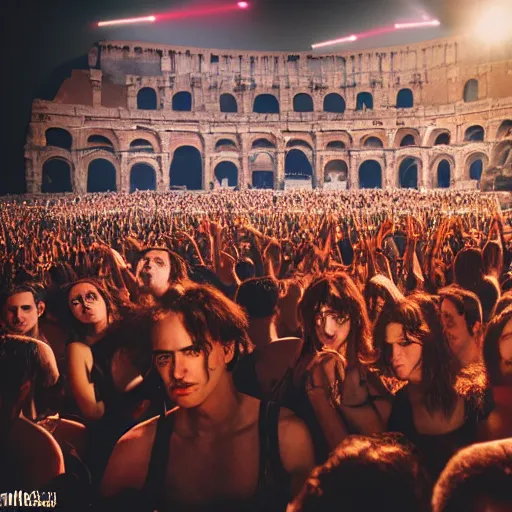 Image similar to maneskin playing at colosseum in rome, dark, crowd, 4 k