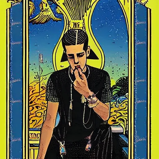 Image similar to G-Eazy in Thoth tarot deck, style of Lady Frieda Harris, 4K