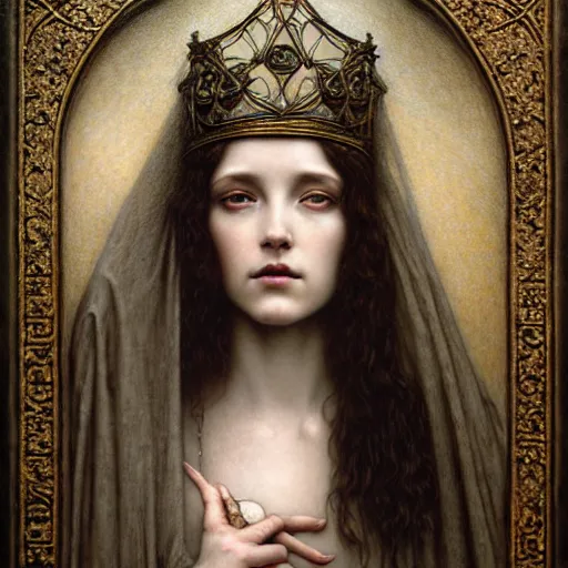 Image similar to detailed realistic beautiful young medieval queen face portrait by jean delville, tom bagshaw, brooke shaden, gustave dore and marco mazzoni, art nouveau, symbolist, visionary, gothic, pre - raphaelite, ornate gilded medieval icon, surreality, ethereal, unearthly, haunting, celestial, neo - gothic, ghostly, memento mori, enigmatic