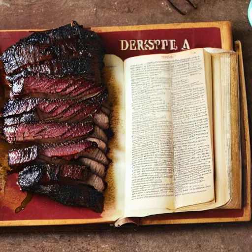 Image similar to brisket recipe, grill, old book, gustav dore illustrated