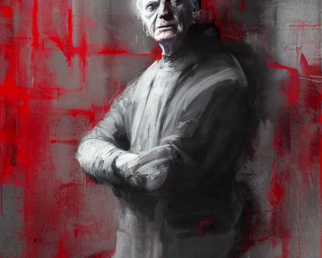 Image similar to portrait of palpatine ian mcdiarmid in shades of grey but with red by jeremy mann