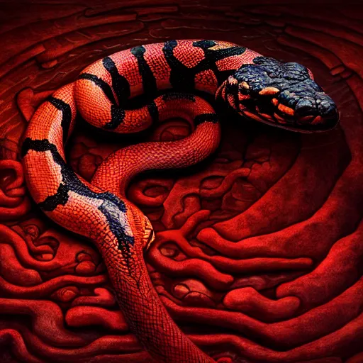 Prompt: A dark room with a large colored snake in the center of it, awarded photograph, dark fantasy, dramatic lighting