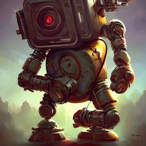 Image similar to robot [ thing ], holding a boombox, holding a bomb, tiny, small, short, cute and adorable, pretty, beautiful, dnd character art portrait, matte fantasy painting, deviantart artstation, by jason felix by steve argyle by tyler jacobson by peter mohrbacher, cinema