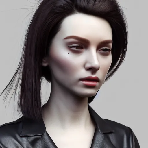 Image similar to a 3 d render of a female wearing a skintight leather jacket, trending on artstation, artstationhd, artstationhq, cycles render, octane render, unreal engine, beautiful! coherent!, intricate, elegant, highly detailed, perfect face, artwork by tooth wu and wlop and beeple and greg rutkowski