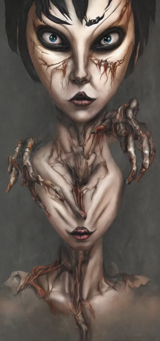 Image similar to dark full body painting of tracer from overwatch, in style of zdzisław beksinski, scary, horror, 4 k, feminine facial features, overwatch tracer character, horror, body horror, disturbing, detailed face, dressed in dark garment, black tendrils, tall, long legs,