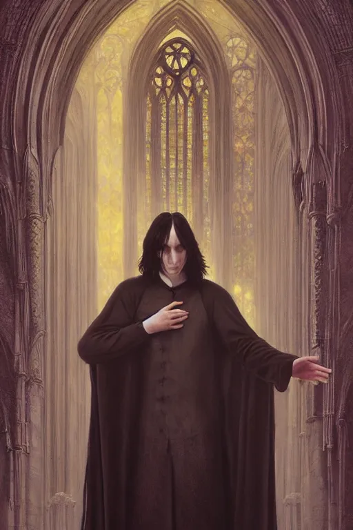 Prompt: breathtaking detailed soft painting of a younger severus snape with a long silver cloak, in a gothic cathedral of gold, pale amethyst intricate stained glass, rembrandt style, artstation, concept art, matte, sharp focus, art by tom bagshaw and greg rutkowski