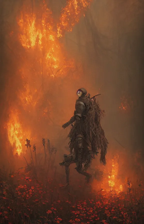 Prompt: a knight among flowers in dark forest surrounded by fire and smoke, moody, rim light, dynamic lighting, cinematic shot, gritty, ultra - detail, renderman, physically based render, jean delville, gustave dore and marco mazzoni