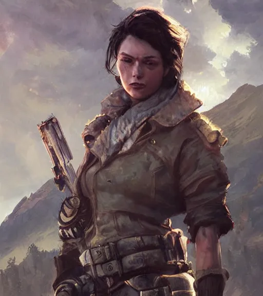 Image similar to fallout 5, charismatic beautiful armoured rugged brunette female protagonist, portrait, outdoors alaskan wilderness, atmospheric lighting, painted, intricate, volumetric lighting, beautiful, daytime, sunny weather, few clouds, sharp focus, deep colours, ultra detailed, art by krenz cushart and wenjun lin