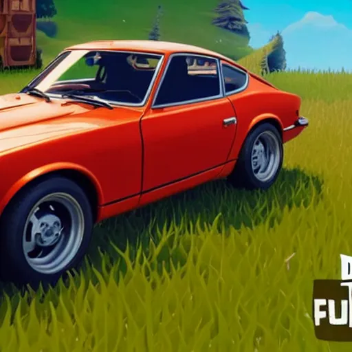 Image similar to a cartoon 1 9 7 0 datsun 2 4 0 z in fortnite, unreal engine