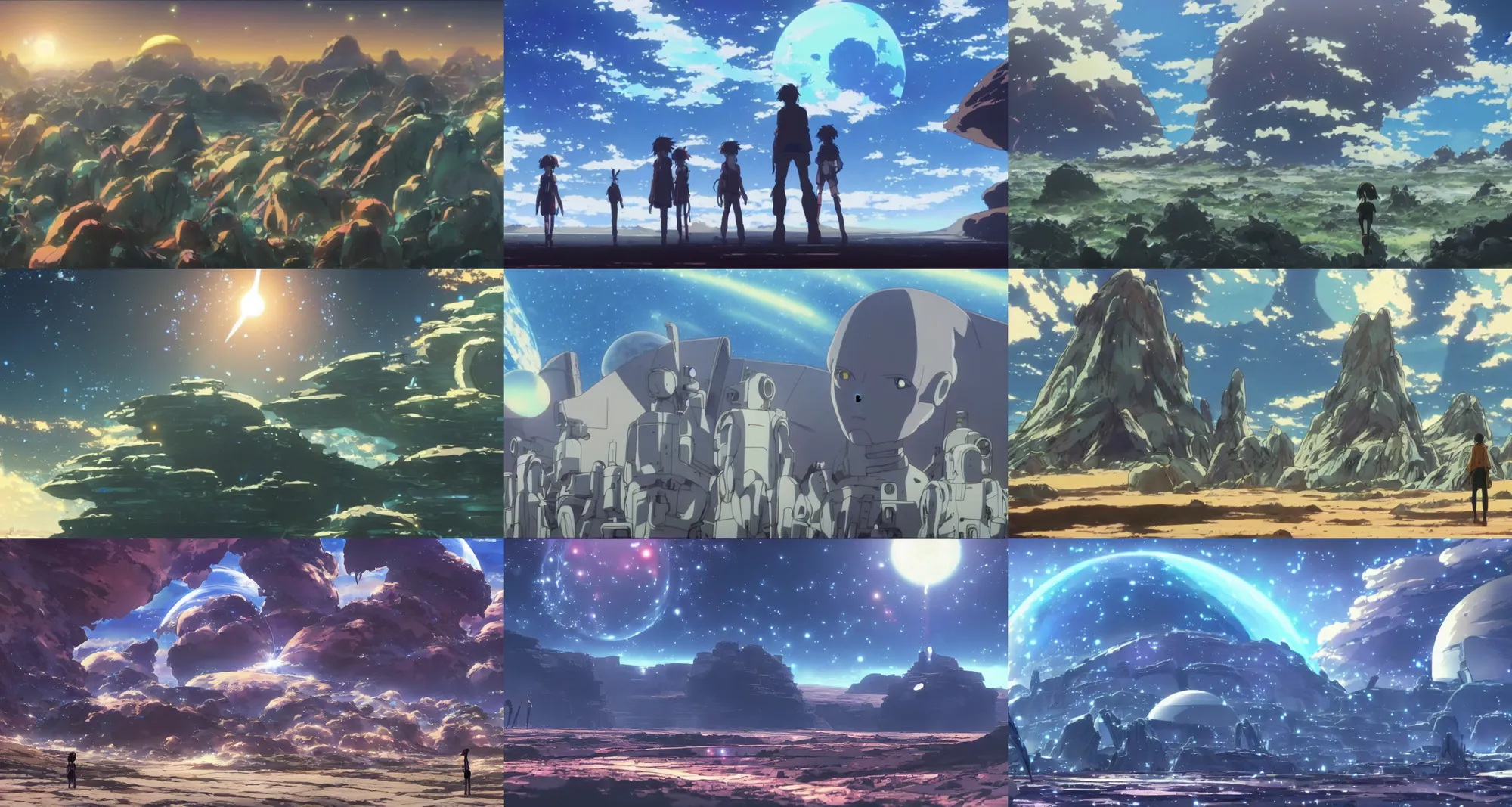 Prompt: screenshot from the science fiction anime film by makoto shinkai, space pirates stealing, desert alien planet, from the anime film by studio ghibli